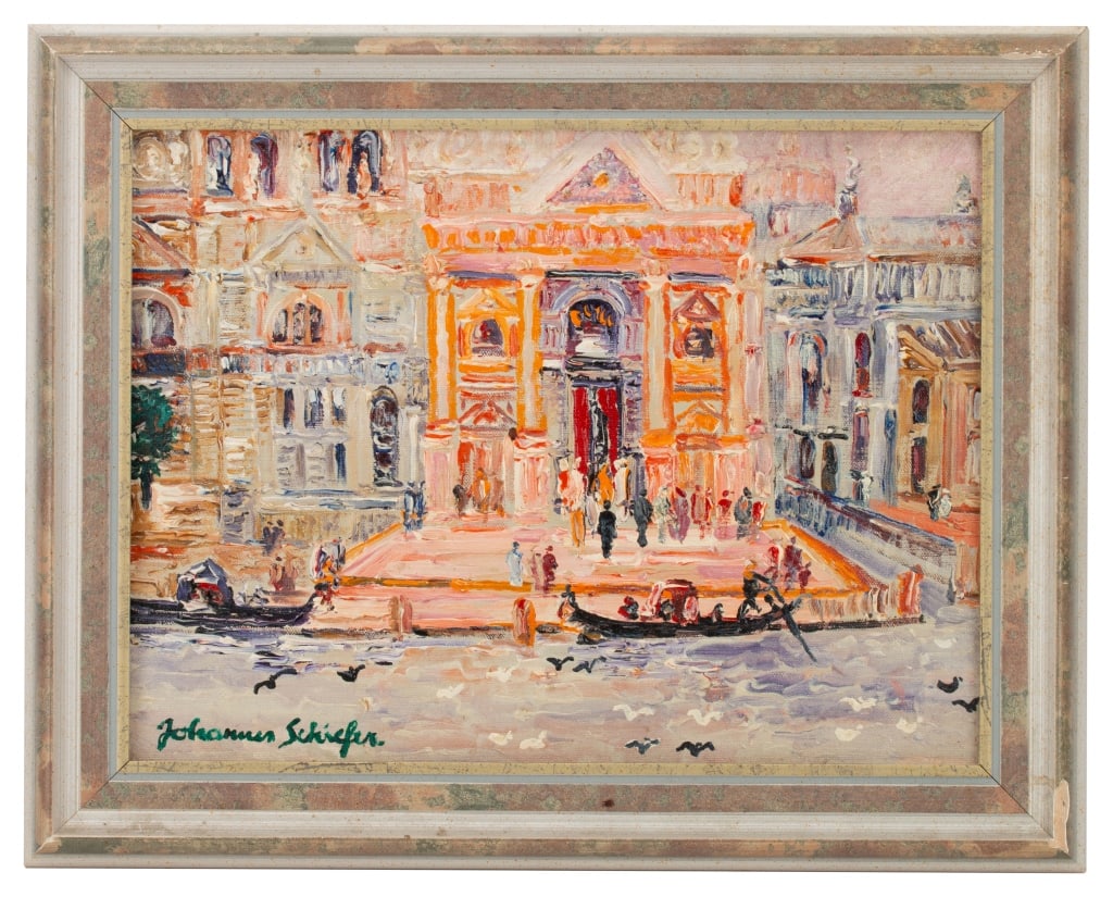 Johannes Schiefer - Venetian Scene: Item/Description: Impressionist oil painting by Johannes Schiefer. Signed lower left. Oil on canvas depicts Venetian scene with gondola. Signed lower left. Framed.Johannes Schiefer (Dutch, 1896 - 1979