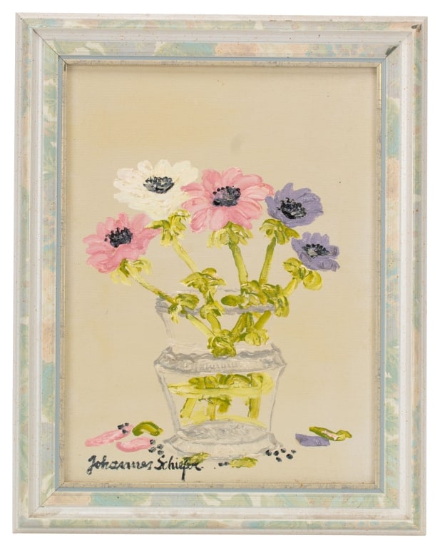 Johannes Schiefer - Still Life Oil Painting: Item/Description: Impressionist still life oil painting features pink, white and purple flowers in a clear vase. Fallen petal and leaves around vase. Signed lower left: Johannes Schiefer. Painted fram