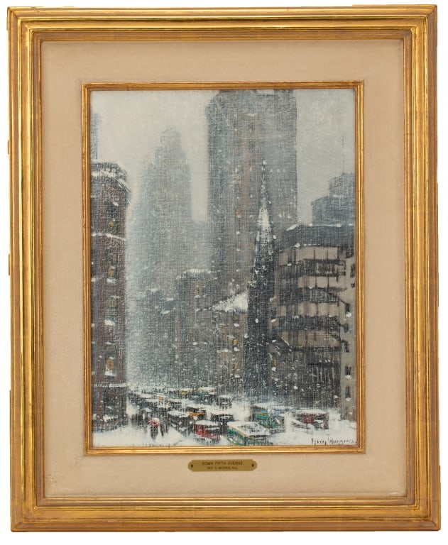 Guy Carleton Wiggins NYC Snow Painting: Item/Description: Original Impressionist landscape painting by Guy Carleton Wiggins. Titled "Looking Down Fifth Ave". Painting depicts a beautiful snowfall scene in New York City. Signed lower right.
