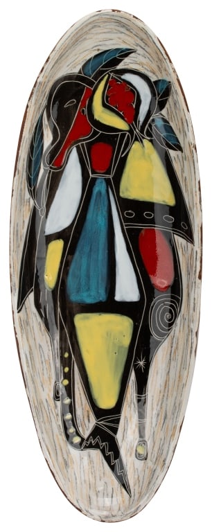 Italian MCM Marcello Fantoni Ceramic Leather Dish: Item/Description: Elongated Mid Century leather-backed ceramic dish with a abstract still-life motif by renowned Italian ceramic artist, Marcello Fantoni (1915-2011) known for his bold innovative desi
