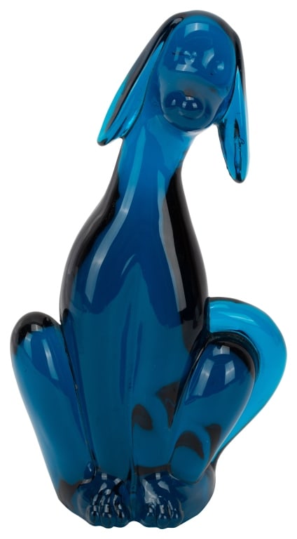 Viking Epic Bluenique Art Glass Hound Dog: Item/Description: Mid-century blue art glass dog. Viking Glass Epic Dog Bluenique Figurine. (Mosser Glass / Original Viking Glass Mould, Dog Mould #1323, New Martinsville Glass Company Mould) Material