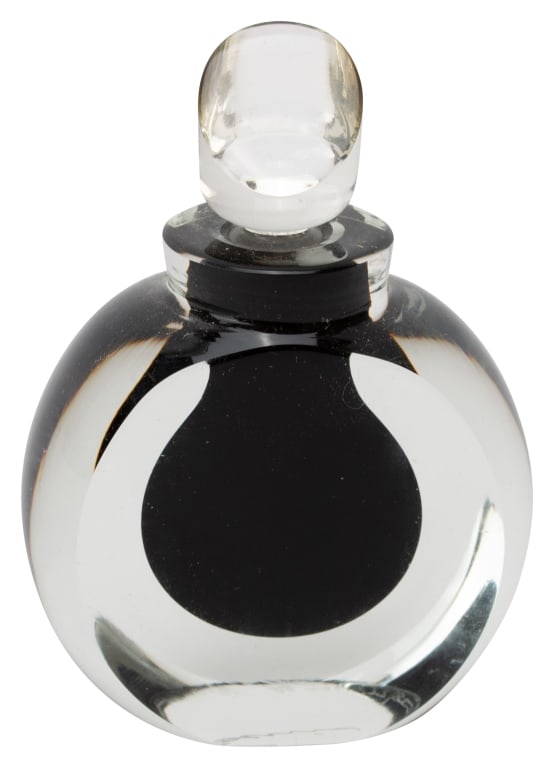Correia Art Glass Perfume Bottle, 1996: Item/Description: Correia black on clear perfume bottle with glass w/stopper. Clear glass with black interior. Limited-edition perfume bottle, numbered 77/85. With etched signature, date and more to b