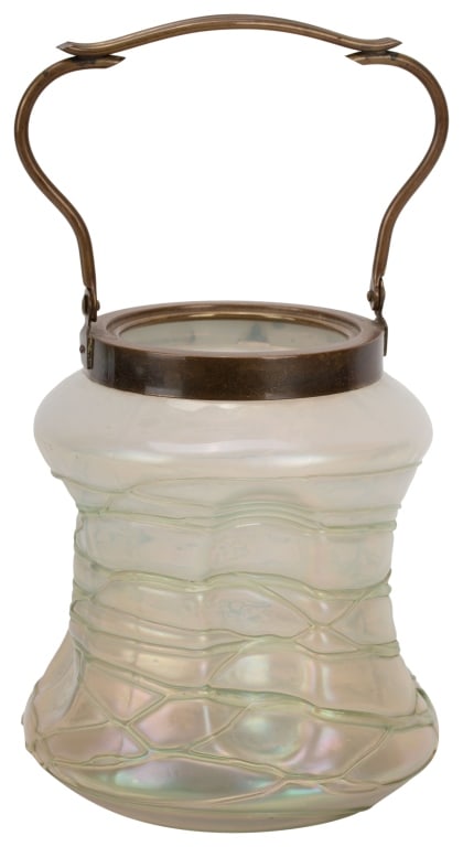 Antique Loetz Kralik Iridescent Glass Jar: Item/Description: Antique Loetz Kralik art glass jar basket bowl with brass rim and handle. Arts & Crafts era. Hand-blown Czech Bohemian iridescent glass with undulating indentations and exquisite vei