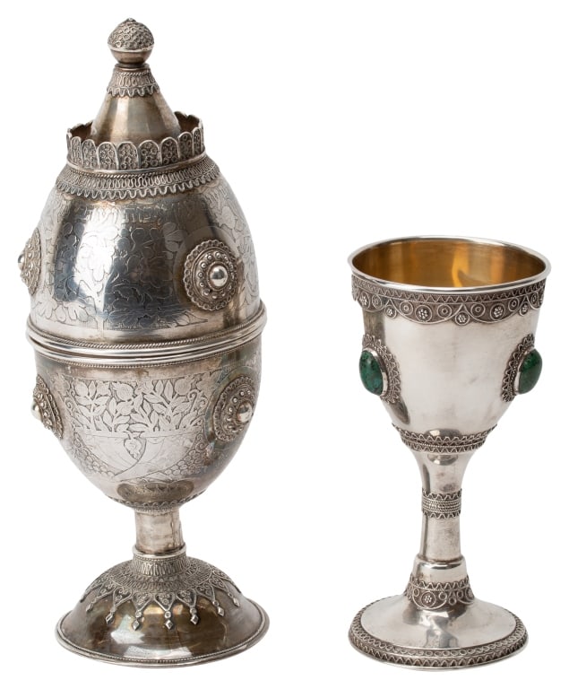 Signed Sterling Judaica- Etrog Holder, Kiddush Cup: Item/Description: Signed Zadok Kiddush wine goblet from Israel. Crafted from Sterling Silver. Traditional Middle Eastern motif. Applied lacy filigree work. Four deep turquoise green Eilat cabochon sto