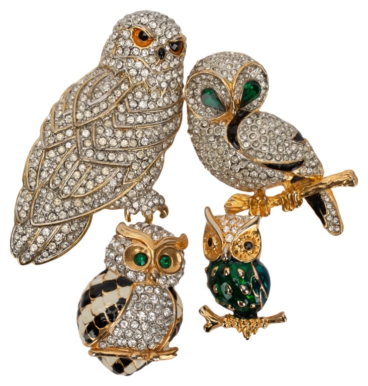 Gold Tone Rhinestone Figural Owl Brooch Lot (1 of 7)