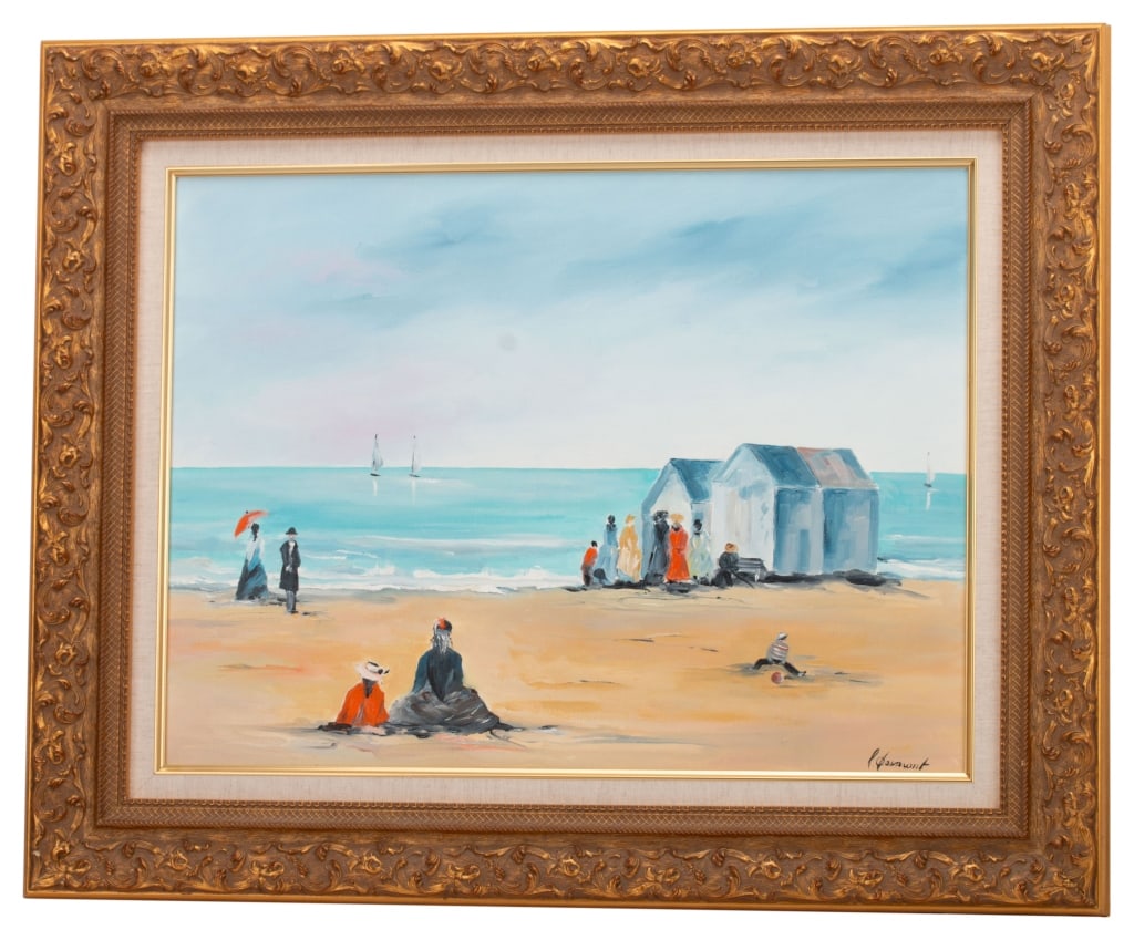 Francoise Desmont - Beach Scene Oil Painting: Item/Description: Original oil painting on canvas features a shoreline with beachgoers and waterfront cabins. Signed lower right: F Desmont. Further signed, dated and titled en verso: Les Cabines au B