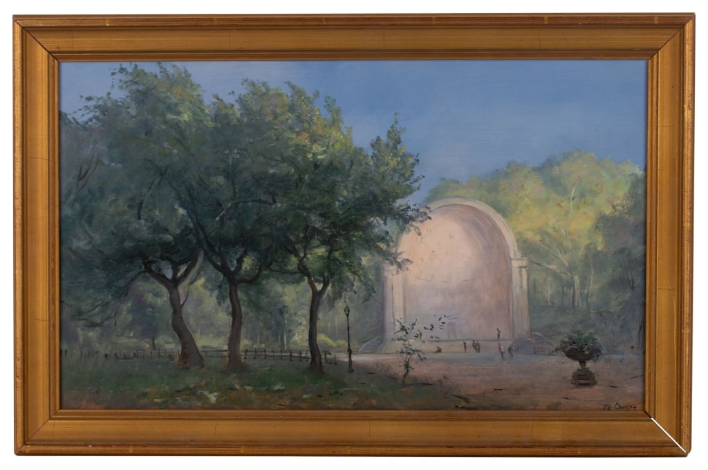 Nicholas Oberling - NYC Central Park Oil: Item/Description: Original oil painting on board features Central Park's iconic Naumburg Bandshell. New York City outdoor amphitheater where free classical concerts have been presented for over 100 ye