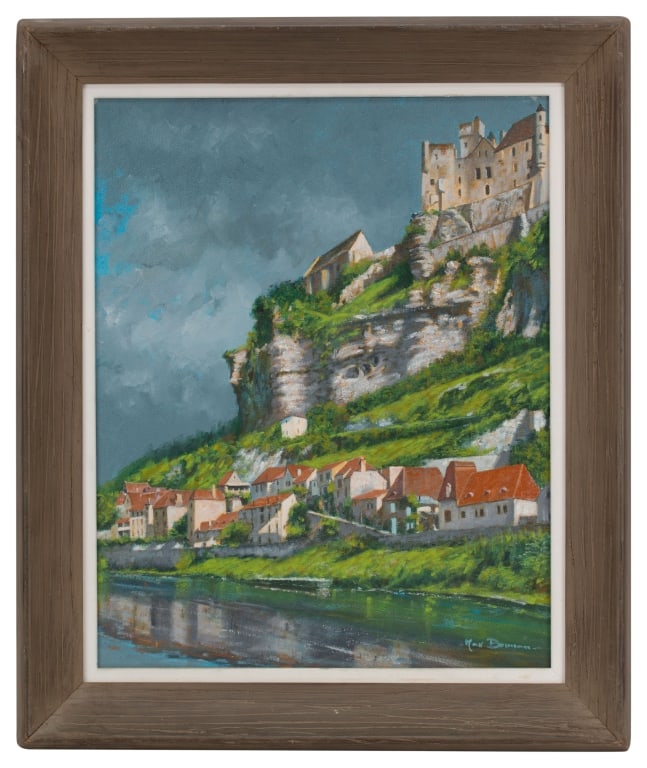 Max Bounan - French Landscape Oil Painting: Item/Description: Original landscape painting features the medieval town of Semur-en-Auxois reflected in the Arman?on River, Cote-d'Or, Burgundy, France. Signed lower right Max Bounan (b.1946-). Carve
