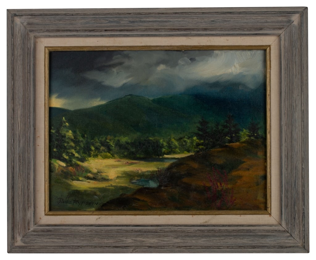 Russell Rypsam - Landscape Oil Painting: Item/Description: Original oil painting features a mountainous landscape under cloudy skies. Signed lower left: Russ Rypsam. Russel "Russ" Frederick Rypsam (1904-1992) Former president of famous Salma