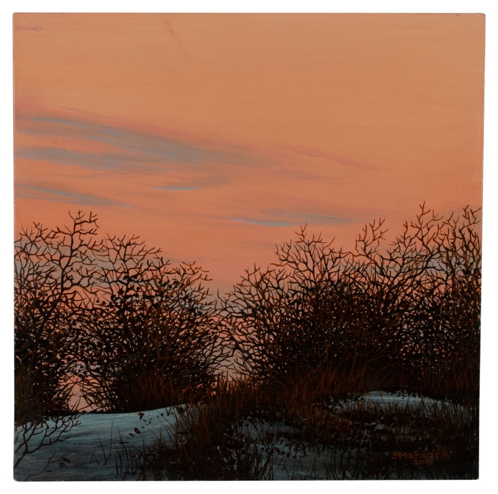 John Mansueto 'January Sky' Painting: Item/Description: Original painting features a winter sunset scene. Silhouettes of branches against an orange sky. Signed lower left: J Mansueto / 2013. Salmagundi Club label from their 2013 "Tile Sho