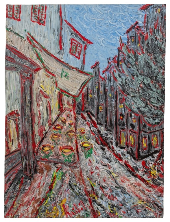 Antoine Knibily French Village Oil on Canvas: Item/Description: Signed oil on canvas painting by renowned French Post-War and Contemporary artist, Antoine Knibily (b. 1920). French rural town and center winding road, reflections of the lamps in t