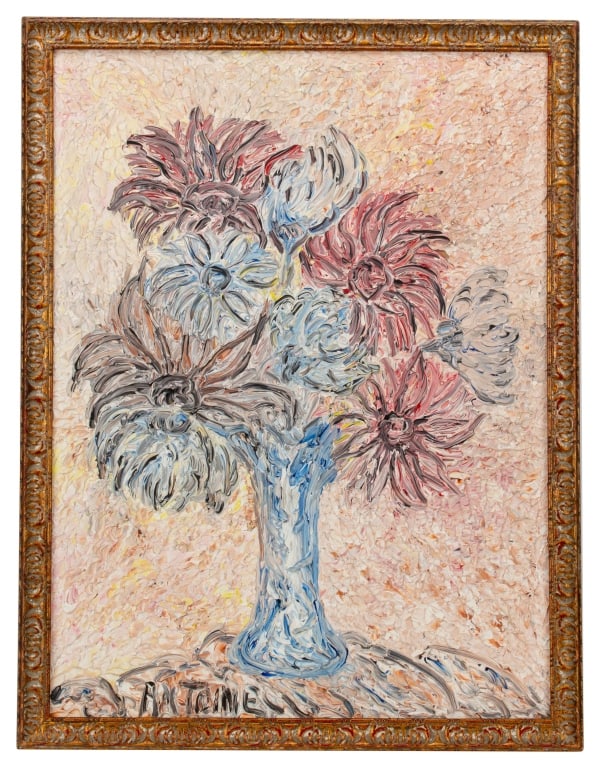 Antoine Knibily Flowers in Vase Painting: Item/Description: Signed oil on canvas painting of a floral bouquet in a tall vase by renowned French Post-War and Contemporary artist, Antoine Knibily (b. 1920). Thick impasto brush strokes. Beautifu