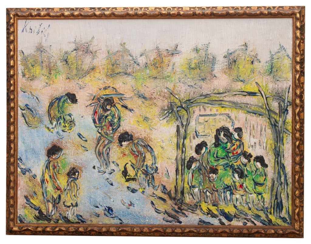 Antoine Knibily Chilean Harvest Oil Painting: Item/Description: Signed oil on canvas themed painting by renowned French Post-War and Contemporary artist, Antoine Knibily (b. 1920). Charming scene depicts lady farm workers in a field by a stream, 