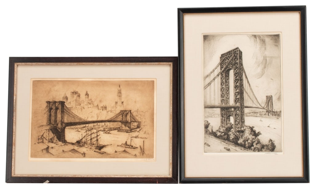 Signed New York City Bridge Etchings: Item/Description: Grouping of two signed original etchings of the iconic New York City bridges: The George Washington Bridge by Nat Lowell and The Brooklyn Bridge by Anton Schutz.The George Washington