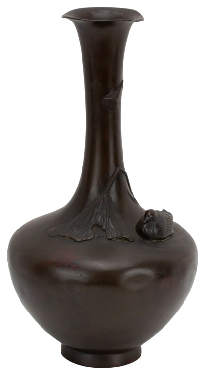 Japanese Bronze Vase, Meiji Period: Item/Description: Japanese patinated bronze vase with an applied duck, and leaf. Squat bulbous form with a red-mottled patina and a slender cylindrical fluted neck. Unknown artist. No noticeable signa
