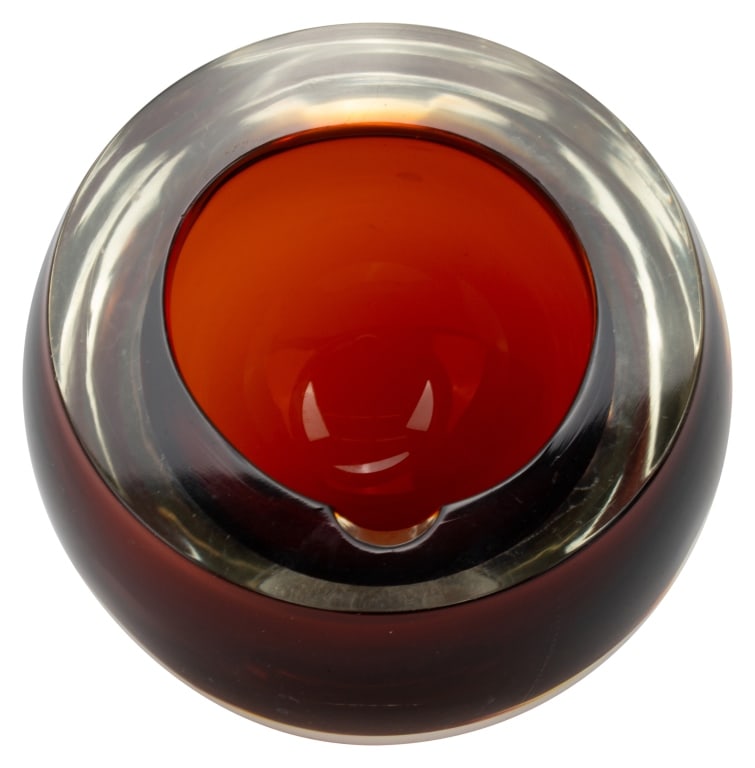 Sommerso Murano Glass Ball Ashtray, Flavio Poli: Item/Description: Murano Flavio Poli Sommerso Italian Glass Ashtray (unmarked). Mid-century modern art glass ball ashtray attributed to Flavio Poli. Amber and clear glass molded in a distinctive form.