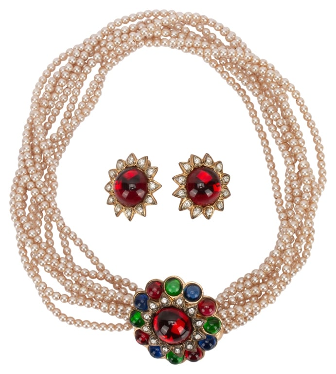 MV Vellano Jeweled Pearl Torsade, Earrings: Item/Description: Signed luxury designer MV Vellano demi parure includes a pearl torsade choker with jeweled clasp and matching ruby clip earrings. Eight strand faux pearl necklace. Large 18K gold pla