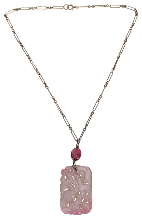 Antique Carved Chinese Tourmaline Silver Necklace: Item/Description: Antique deeply carved Chinese pink tourmaline drop choker necklace. Beautiful rectangular wedge of light pink tourmaline. Deeply carved with cranes and peaches. Paper link chain, o r