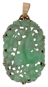 Antique Chinese 14K Carved Green Jade Pendant