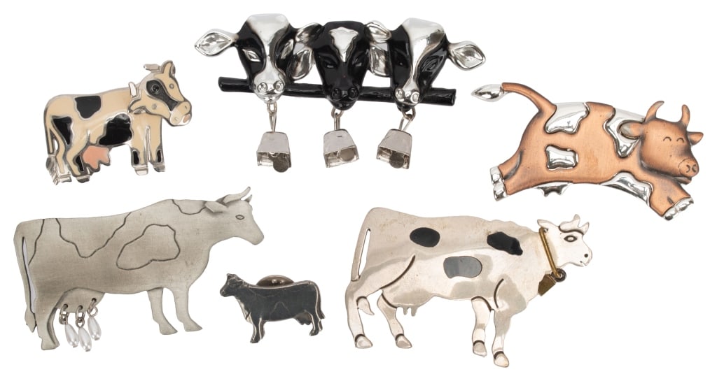 Figural Cow Brooches - Six Piece Mixed Metals Lot (1 of 8)