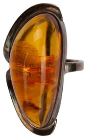 Modernist Sterling Silver Amber Ring Size 6