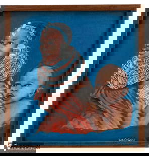 T.O. Otieno - African Mother & Child Painting: Item/Description: Original oil painting depicts an African mother and child. Signed lower right: T.O. Otieno. The woman is wearing a traditional Maasai multi layered necklace/collar. (Kenya, Tanzania)