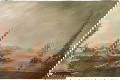 19th C Italian Harbor Scene Oil Painting