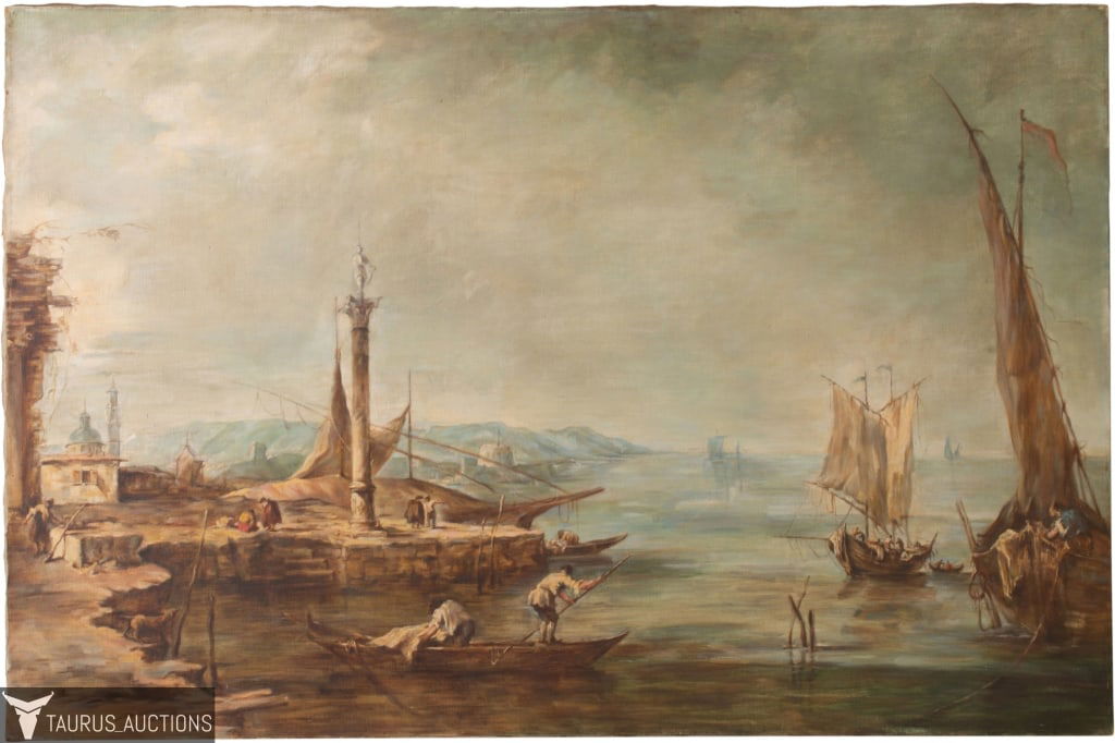 19th C Italian Harbor Scene Oil Painting (1 of 7)