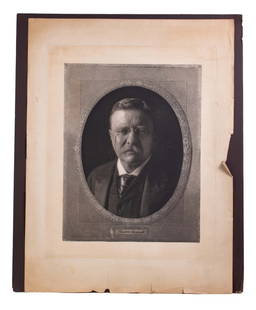 Antique Theodore Roosevelt Photo-Engraving: Item/Description: Portrait of Theodore Roosevelt in black and white engraving. Across bottom in plate: Reinthal & Newman Pubs. N.Y. Material: Lithograph Print. Dimensions: Height: 32"; Width: 24". Unf