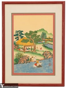 Chinese River Village Scene Watercolor
