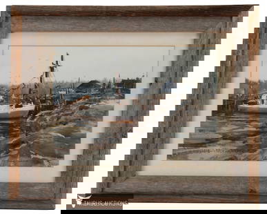 George Carpenter - Harbor Scene Water Color: Item/Description: Impressionist watercolor harbor seascape scene features a boat docked along a rocky shoreline. Signed and dated lower right. Wood frame. George Carpenter (American, 1928 - 2006) Mate