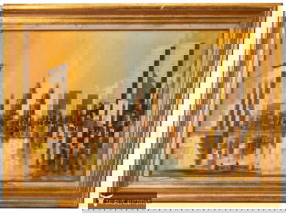 Hawkins, New York Cityscape Oil Painting: Item/Description: Mid-Century Modern Skyline oil painting of New York City with The Twin Towers, Empire State Building, Brooklyn Bridge and more. Signed lower right: Hawkins. (Sunset, Waterfront, Harb