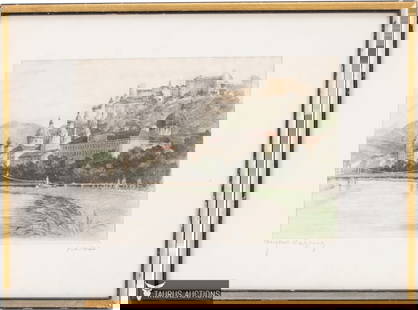 Hans Leisch "Salzburg" Etching on Silk: Item/Description: Pencil signed etching done on fine silk by Austrian artist Hans L. Leisch. Features the town of Salzburg, Austria with the Fortress Hohensalzburg upon the hill and a bridge over the