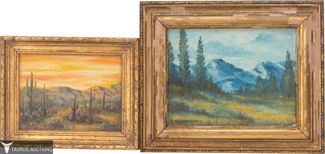 Ernest W. Greenfield - Landscape Painting Pair: Item/Description: Two original landscape oil paintings by Ernest W. Greenfield (1876 - 1970, England / USA). Mountainscape in blues and greens and a desert scene with cactus plants and an orange sky.