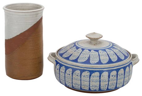 Signed Botkin Stoneware Pottery Lot: Item/Description: Two Botkin pottery pieces. Includes blue & white lidded tureen and a stoneware vase with double dip glaze. Both pieces are stamped Botkin. Material: Ceramic Dimensions Bowl: Width: 1