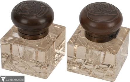 Art Nouveau Partners Cut Crystal Inkwells