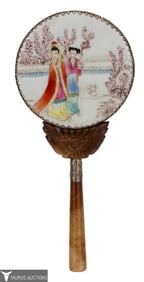 Asian Motif Porcelain Hardstone Handheld Mirror