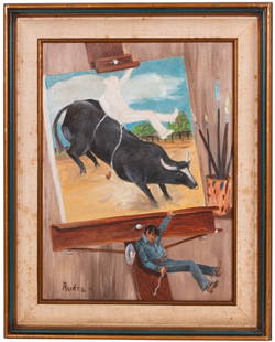 Surrealist Oil Painting by Audra: Item/Description: Painting of a cowboy falling out of a painting. Signed lower left Audra. Pushmataha Galleries Earthscapes by Audra artist info card adhered to back. Material: Oil on canvas Dimension