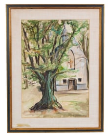 Watercolor Gouache Church Landscape, Signed
