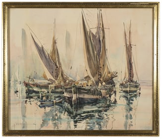 Signed Watercolor Harbor Scene