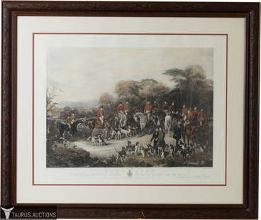 F Bromley - The Bury Hunt - Colored Etching: Item/Description: F. Bromley, "The Bury Hunt," color engraving, circa 1840, English, depicting a fox hunt. Framed and matted. Print reads in part: Painted by C. Agar The Animals by J. Maiden / Engrave