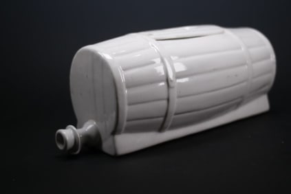 Signed White Pottery Barrel Lemonade Dispenser
