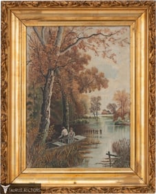 River Scene Oil Painting - Signed AEG 1907