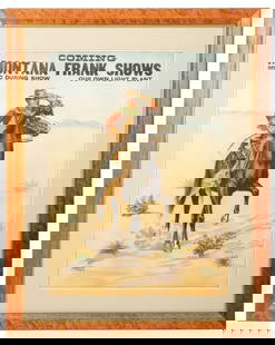 Montana Frank Advertising Poster: Item/Description: Framed stone lithograph depicting a cowboy on a horse. "Montana Frank" by American Show Print, Milwaukee WI from 1910. Color poster reads across top: Coming 'Montana Frank Shows' / M