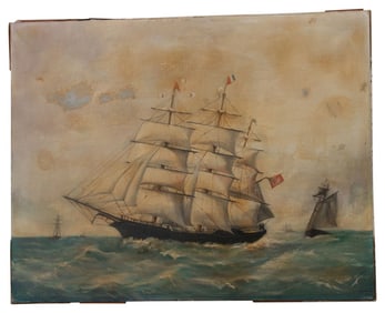 19th c. Clipper Ship Oil on Canvas Painting