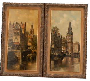 Wilhelm Bouwman - Dutch Canal Painting Pair