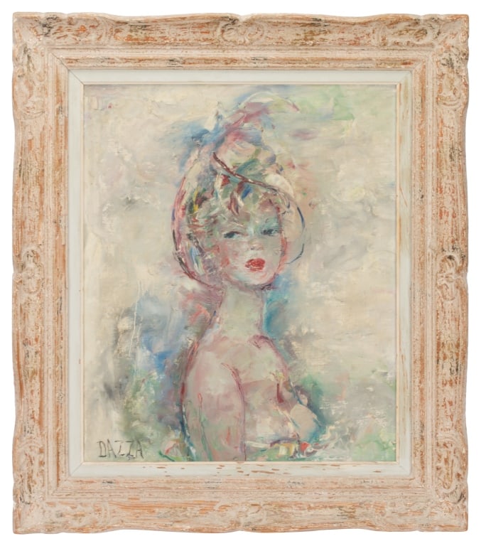 Louis Dazza French Impressionist Pin-Up Portrait: Item/Description: Mid-20th century oil painting portrait of a pin-up / showgirl in a hat. Signed lower left: Dazza. Nice impasto use. Louis Dazza (French, 20th century) Post-Impressionist / early Mode