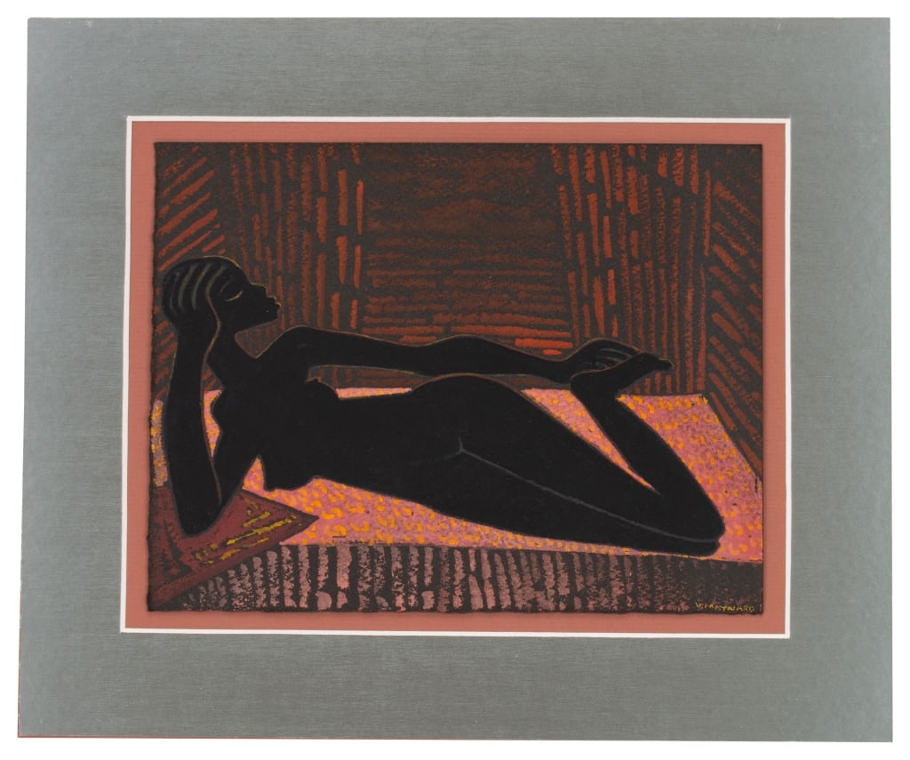 Valerie Jean Maynard - Nude Figural Painting: Item/Description: Original, framed artwork features a silhouetted figure of a nude woman. Signed lower right: V. Maynard. Valerie Jean Maynard (American, 1937-2022) was a sculptor, printmaker, and des