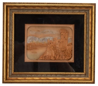 19th c. Carved Cork English Castle Framed Art