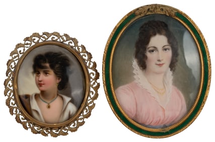20th c. Miniature Hand Painted Framed Portraits